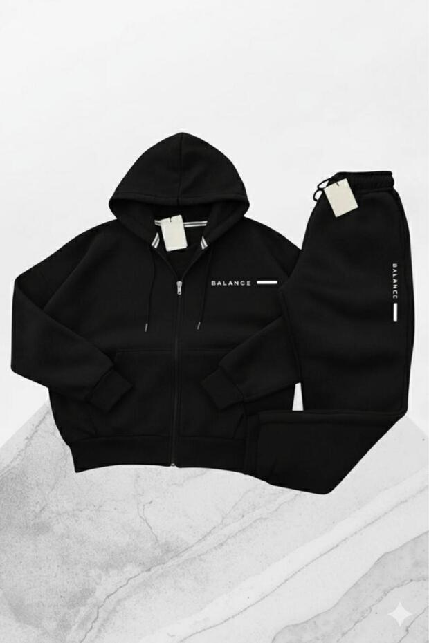 Men's Black Balance Printed Jacket Tracksuit Bottom Set