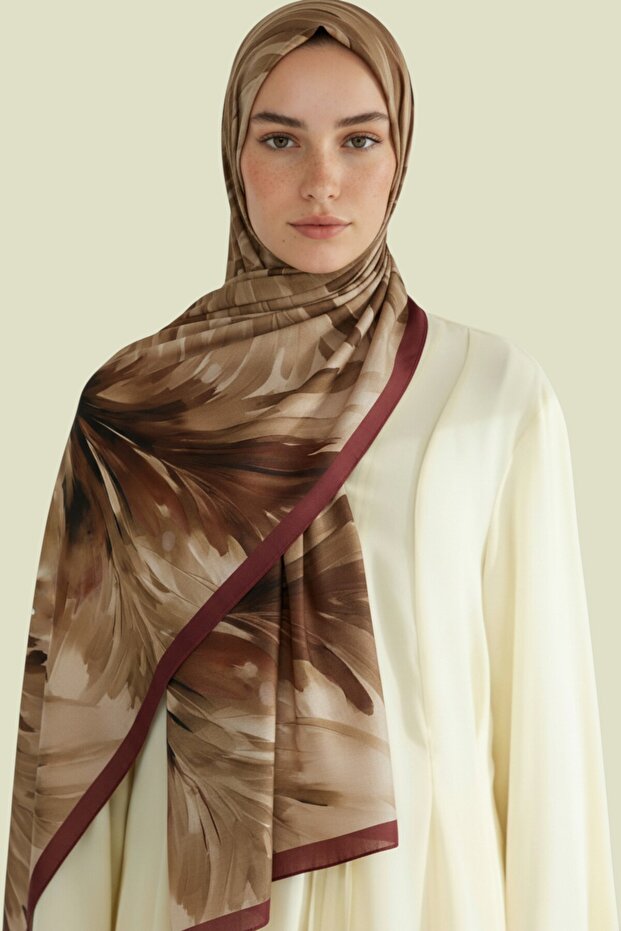 شال فيسكوز منقوش بأوراق الشجر بنفسجي - بني - 3