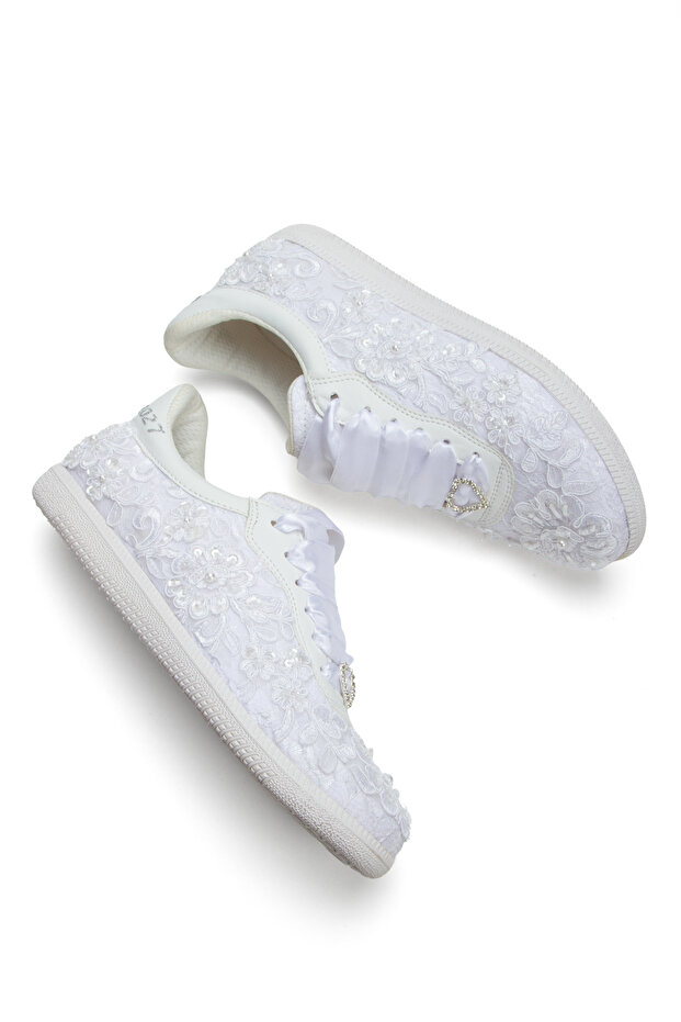 Wedding Dress Shoes Evening Dress, Lace Embroidered White Comfortable Flat Sole Bride Shoe Sneakers