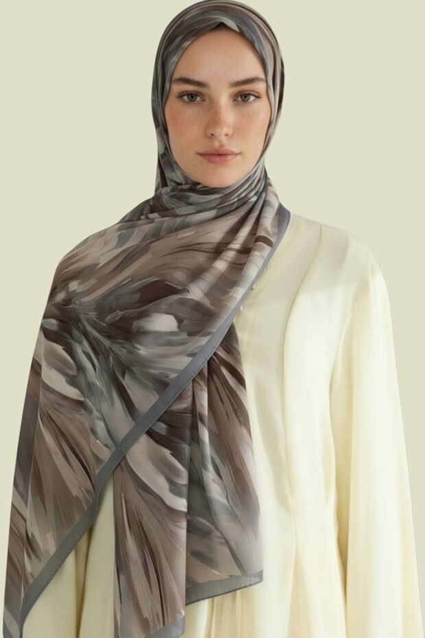 شال فيسكوز منقوش بأوراق الشجر - رمادي - 1
