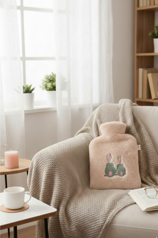 Mini Plush Hot Water Bag with Cute Rabbit Design - Powder Pink Soft Textured Warmer