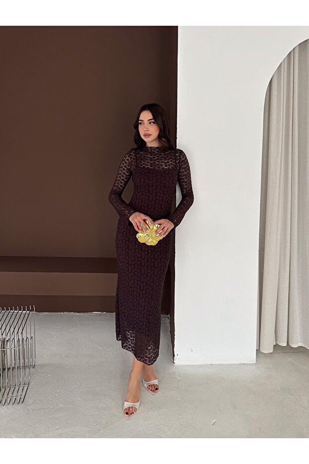 Rochie lungă căptușită cu dantelă - 5