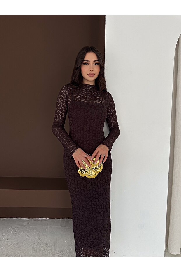 Rochie lungă căptușită cu dantelă - 7