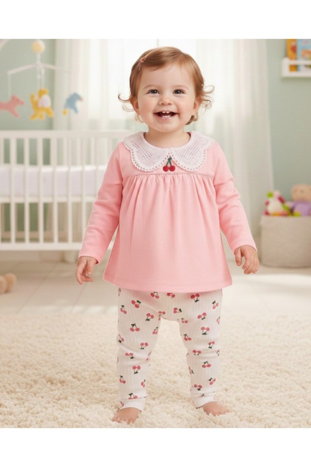 Baby Girl Cherry Printed Corded Fabric Tights and Blouse 6-9-12-18-24 Months Transitional Bottoms Top 2-Piece Girl Set