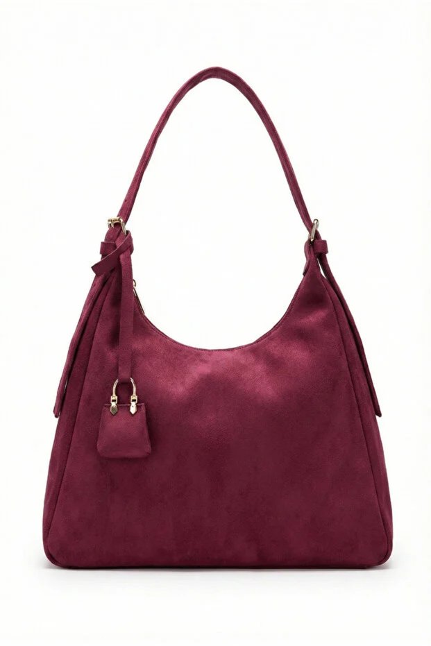 Zyn01 Burgundy Suede Casual Adjustable Charm Detailed Zipper and Lined Women's Shoulder Bag