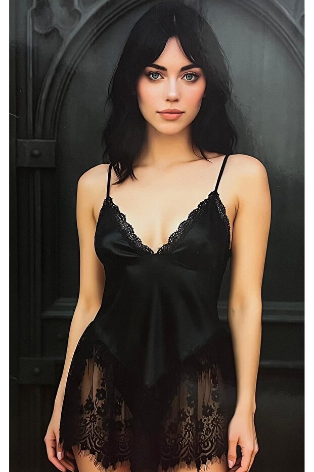 Women's Strappy Lace Detailed Mini Nightgown