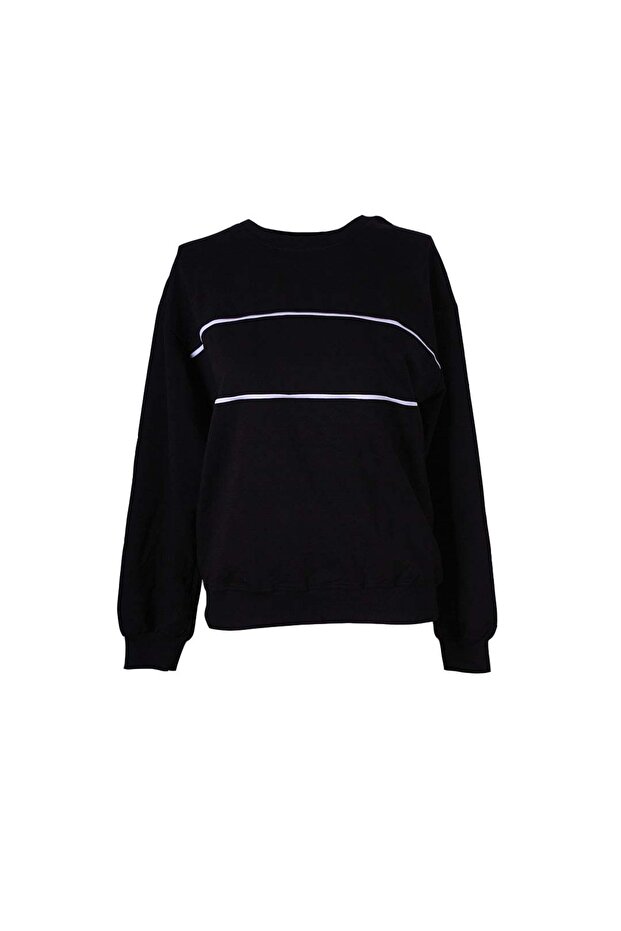 Piped O Neck O Neck 2 Thread Black Women's Sweatshirt 26Ydt1000034