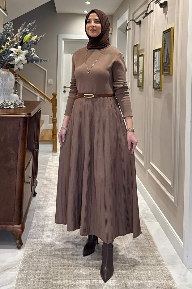İrem Kemerli Çelik Örme Triko Elbise Sütlü Kahve - 3