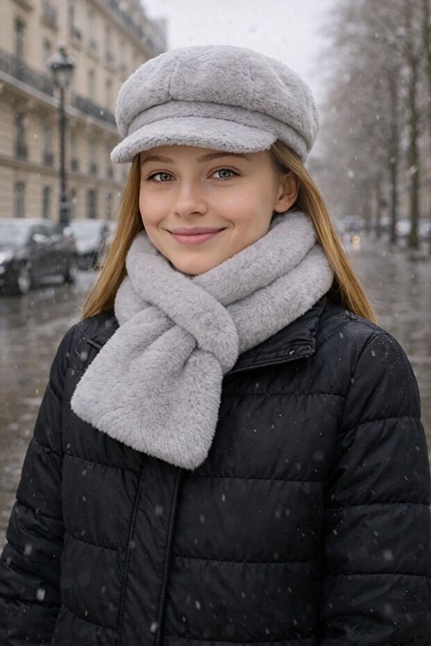 Gray Soft Textured Plush Cap Hat and Neck Collar 2-Piece Children's Set 10-18 Years Old