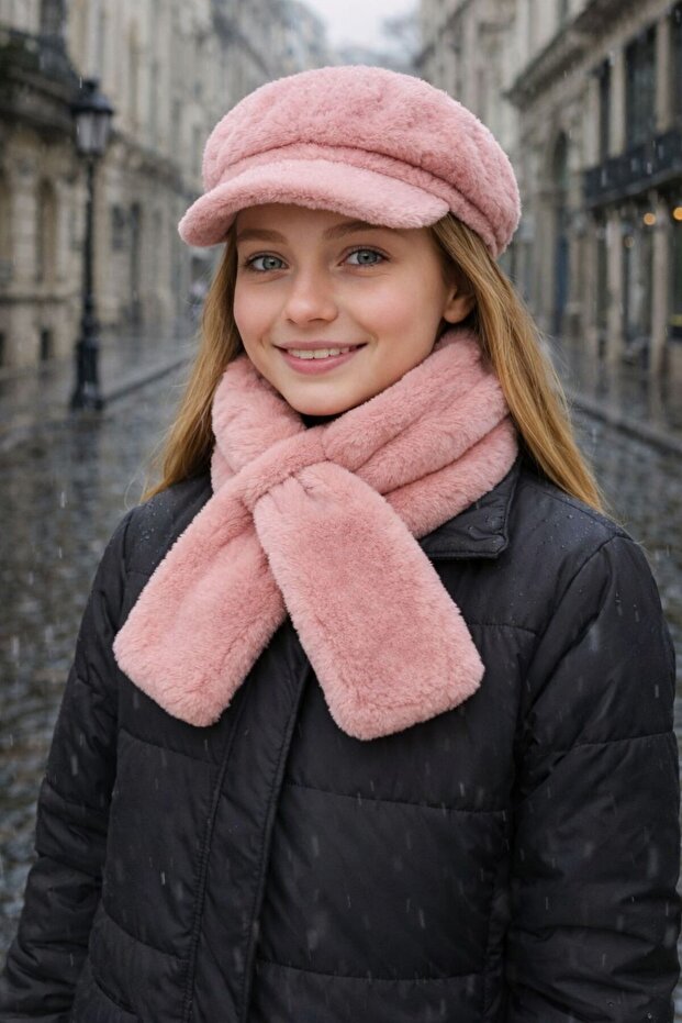 Pink Soft Textured Plush Cap Hat and Neck Collar 2-Piece Children's Set 10-18 Years Old