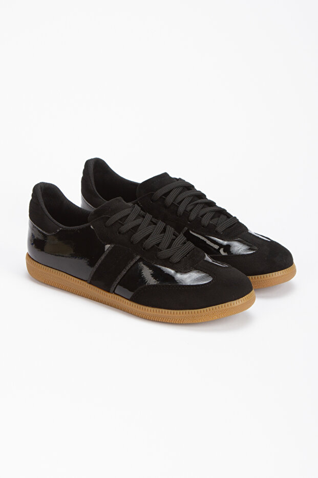 Women's Black Patent Leather and Suede Sneaker Comfortable and Stylish with Non-Slip Rubber Sole
