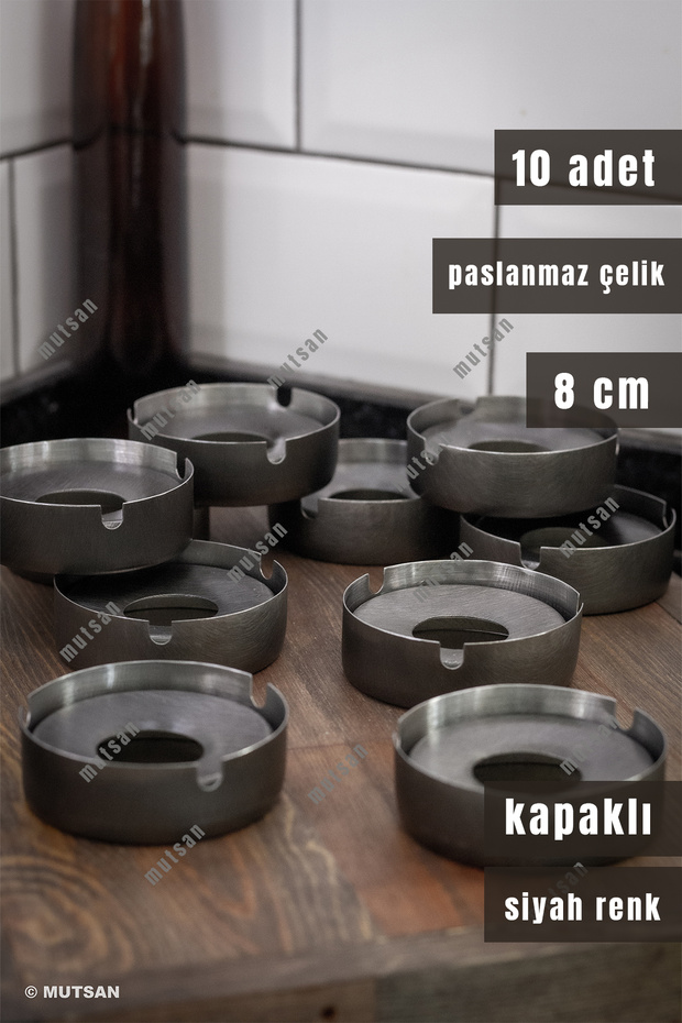 Set of 10 Black Stainless Steel Ashtrays with Lids | 8 cm 430 Quality | Restaurant, Cafe and Hotel