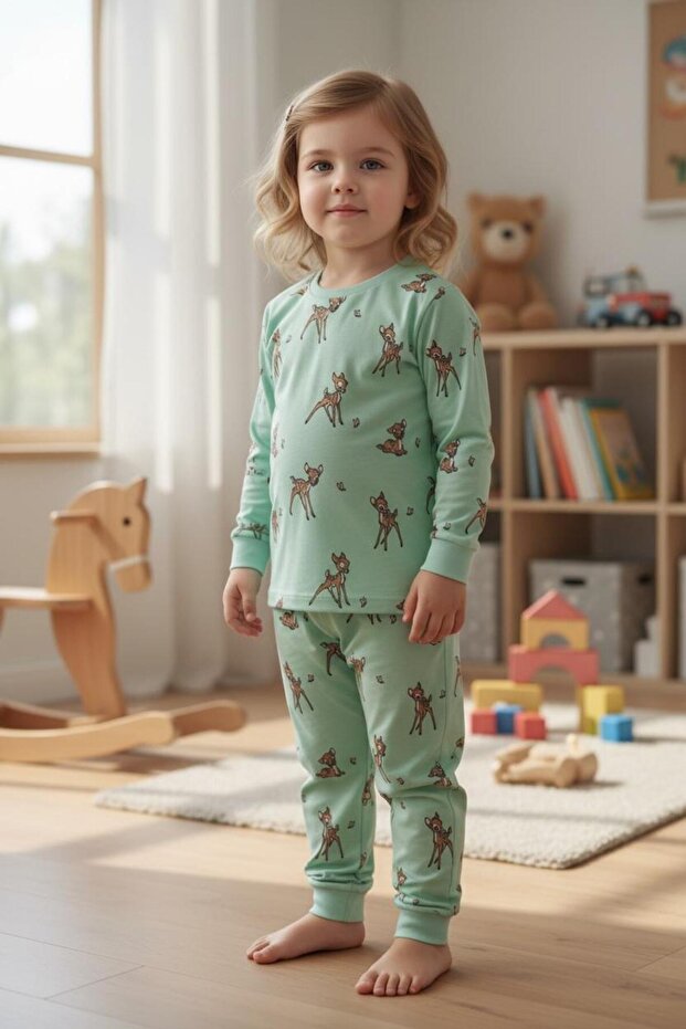 Green Camel Patterned 100% Cotton Single Jersey Fabric Girls' Pajama Set