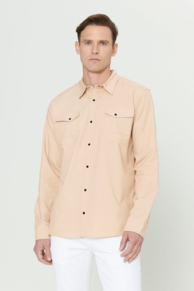 Beige Slim Fit Slim Fit Classic Collar Cotton Shirt