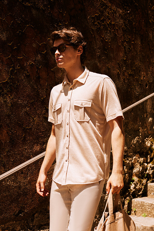 Beige Slim Fit Slim Fit Hidden Button Collar Cotton Short Sleeve Shirt