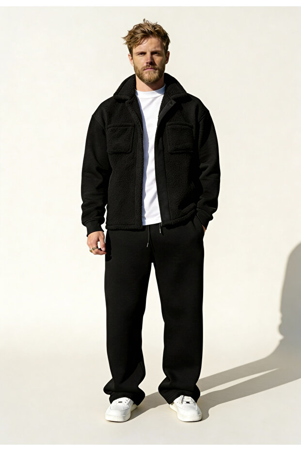 Men's Set Top and Bottom Plush Shirt - Baggy Wide Leg Sweatpants - Casual Top and Bottom Set