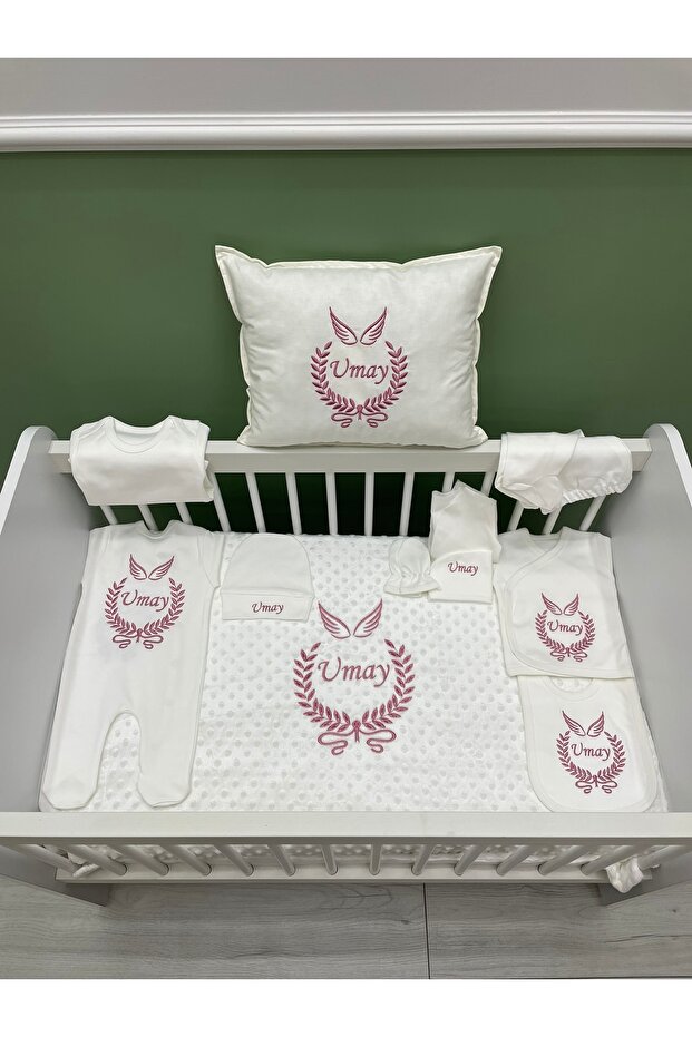 11-Piece Embroidered Chickpea Blanket Hospital Discharge Set with Wreathed Wings