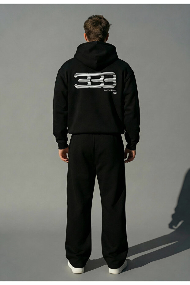 333 Printed Men's Baggy Tracksuit Set|Winter Thick 3-Thread Brushed Inside Wide-Leg Sweatpant Top and Bottom Set
