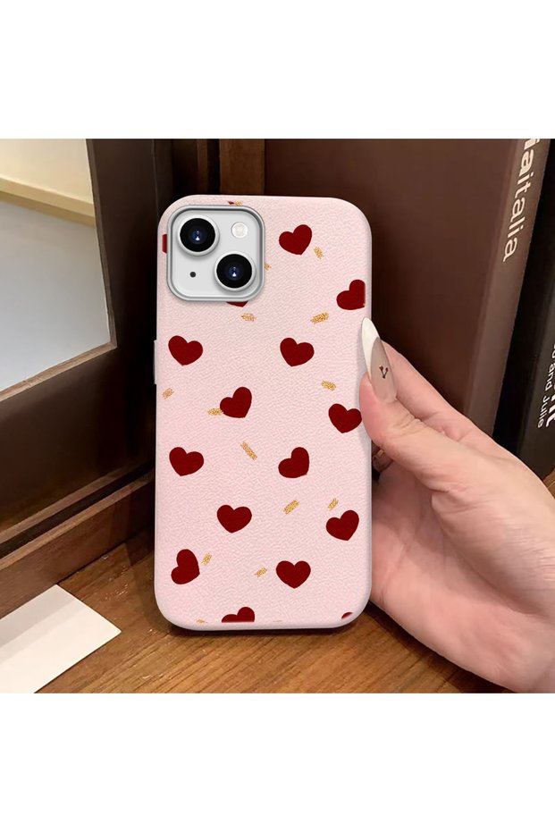 iPhone 14/13 Compatible Pink Leather Textured Silicone Protects Camera Shock-Absorbing Case Heart