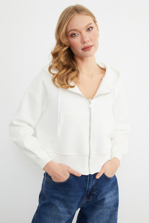 Basic Fermuarlı Kapüşonlu Crop Sweatshirt - 5