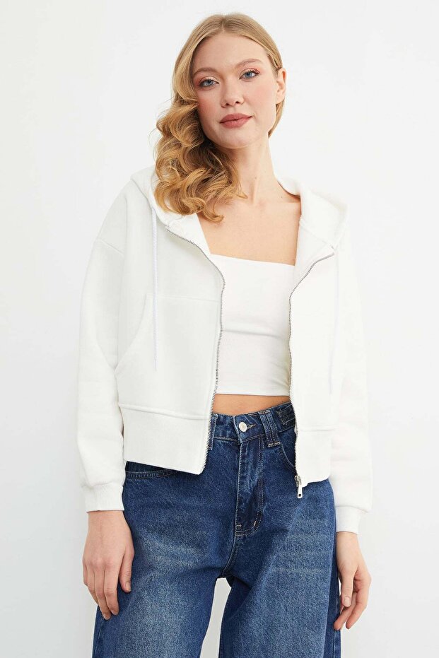 Basic Fermuarlı Kapüşonlu Crop Sweatshirt - 1