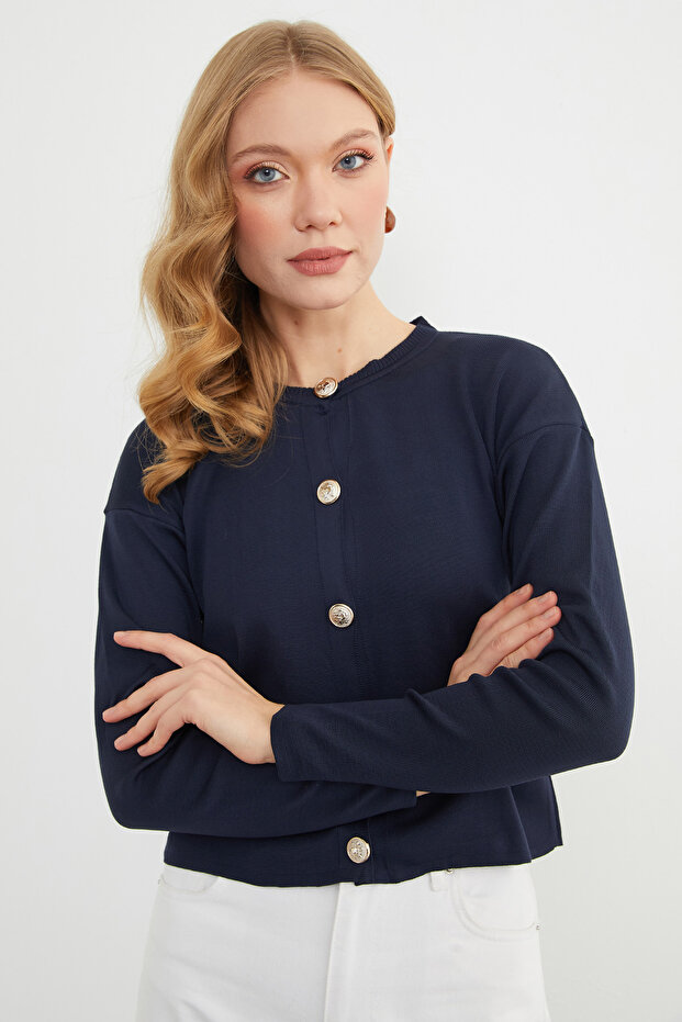 Basic Düğmeli Bisiklet Yaka Triko Hırka - 6