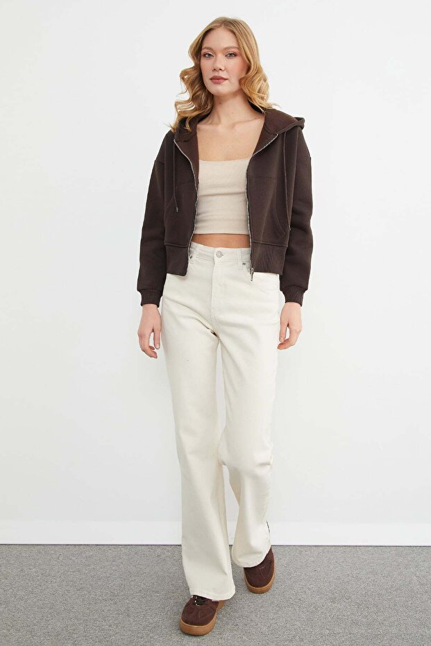 Basic Fermuarlı Kapüşonlu Crop Sweatshirt - 3