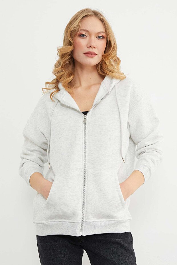 Basic Fermuarlı Kapüşonlu Oversize Sweatshirt - 1