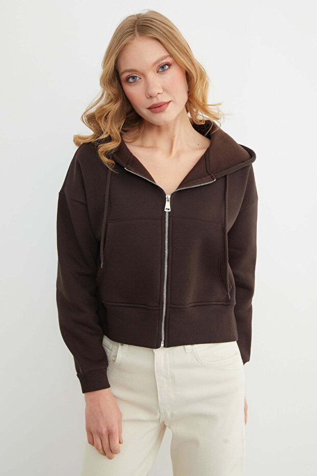 Basic Fermuarlı Kapüşonlu Crop Sweatshirt - 7