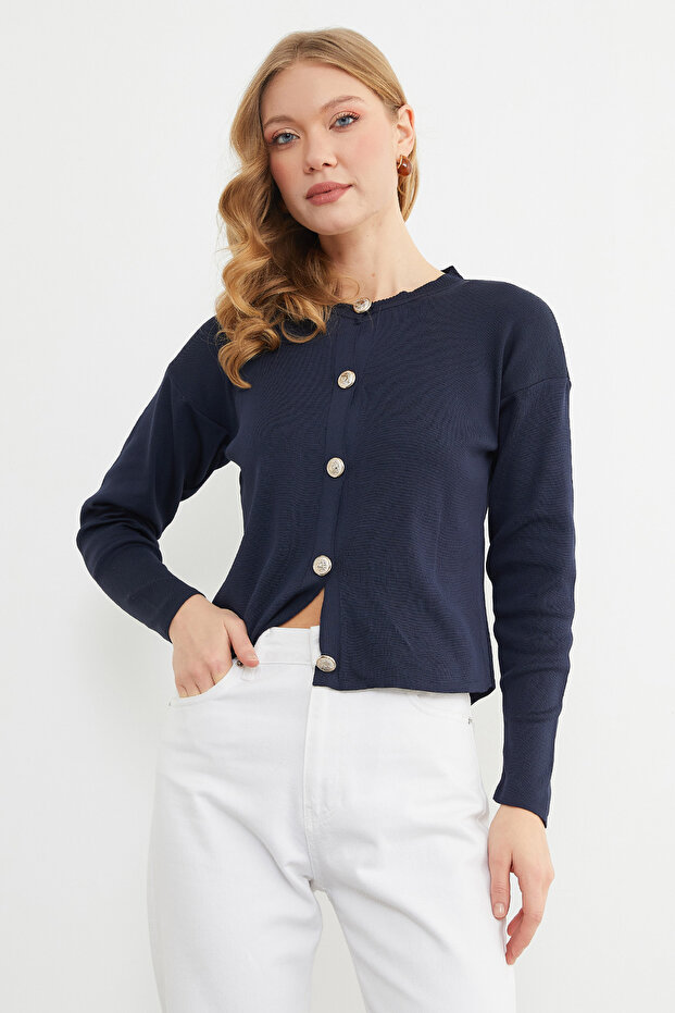 Basic Düğmeli Bisiklet Yaka Triko Hırka - 2