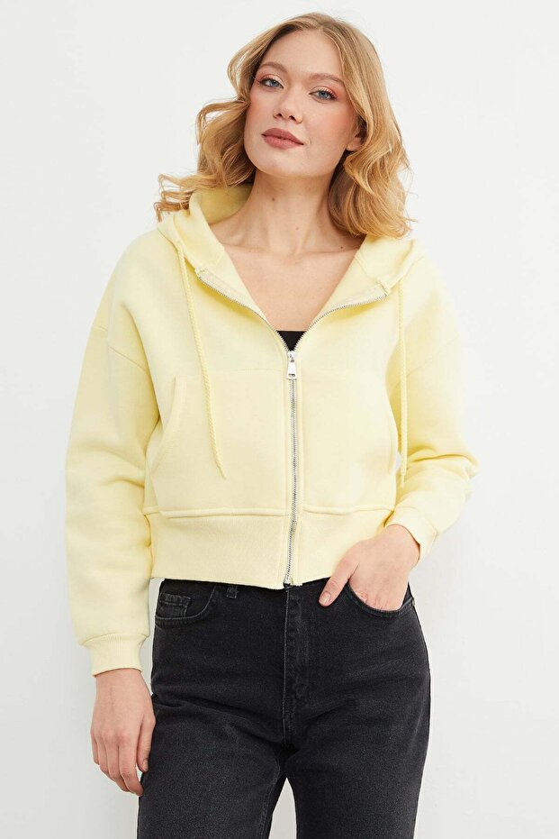 Basic Fermuarlı Kapüşonlu Crop Sweatshirt - 7