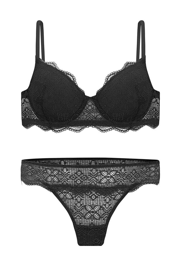 Anna 2736 Lace Low-Cut Bra and Panty Set - Unpadded Black