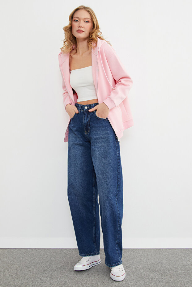 Basic Fermuarlı Kapüşonlu Oversize Sweatshirt - 4