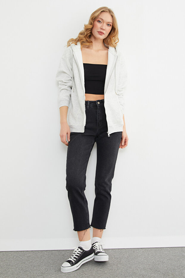 Basic Fermuarlı Kapüşonlu Oversize Sweatshirt - 3