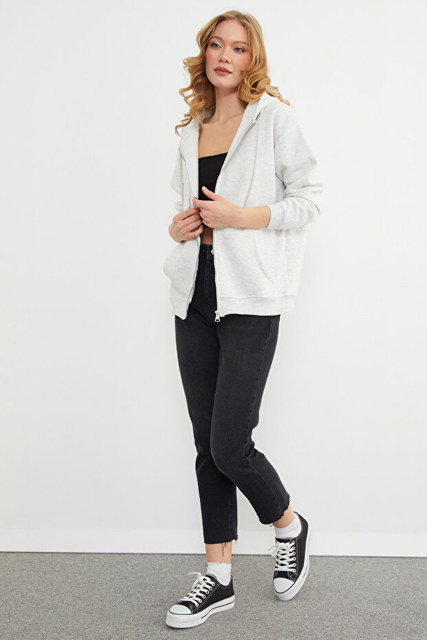 Basic Fermuarlı Kapüşonlu Oversize Sweatshirt - 5