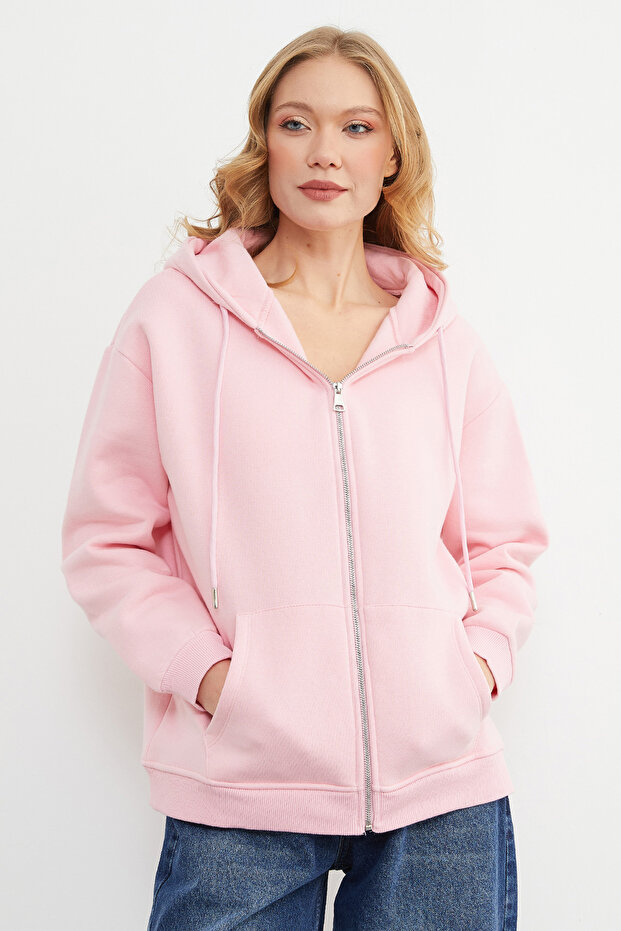 Basic Fermuarlı Kapüşonlu Oversize Sweatshirt - 2