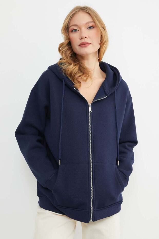 Basic Fermuarlı Kapüşonlu Oversize Sweatshirt - 2