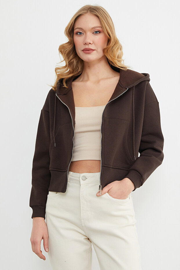 Basic Fermuarlı Kapüşonlu Crop Sweatshirt - 2