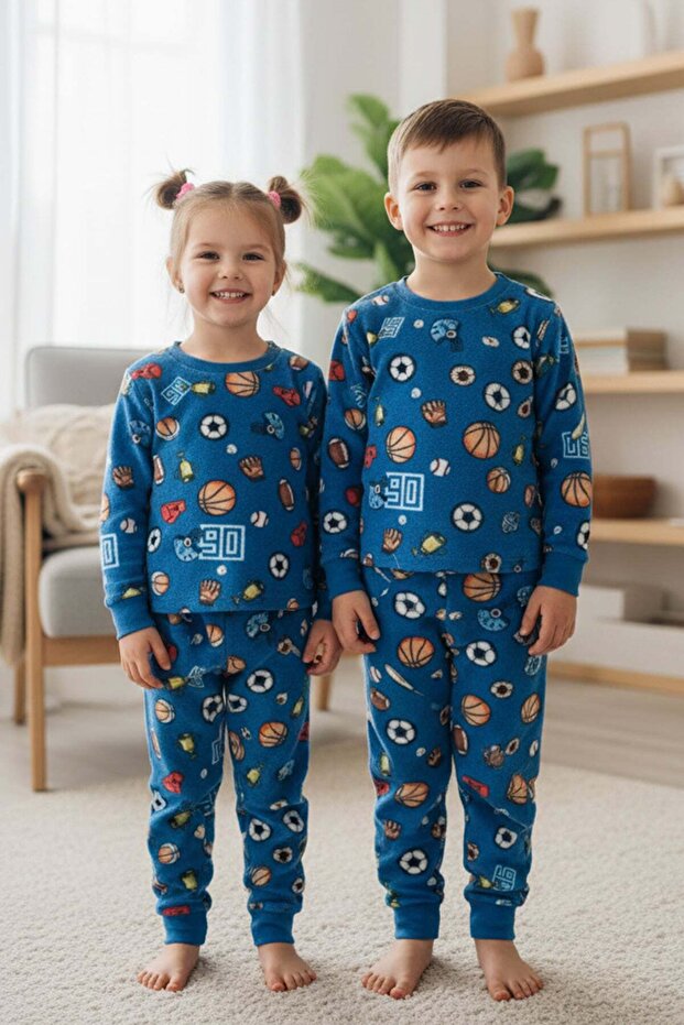 Top Patterned Crew Neck Fleece Unisex Children's Pajama Set