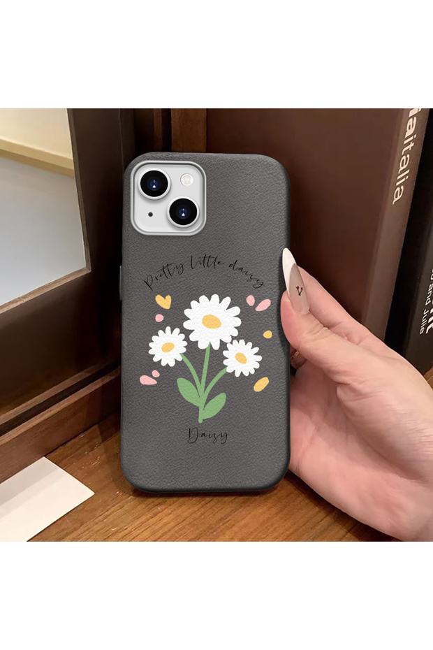 iPhone 14 Plus/15 Plus Compatible Gray Leather Textured Silicone Protects Camera Shock-Absorbing Case Flower