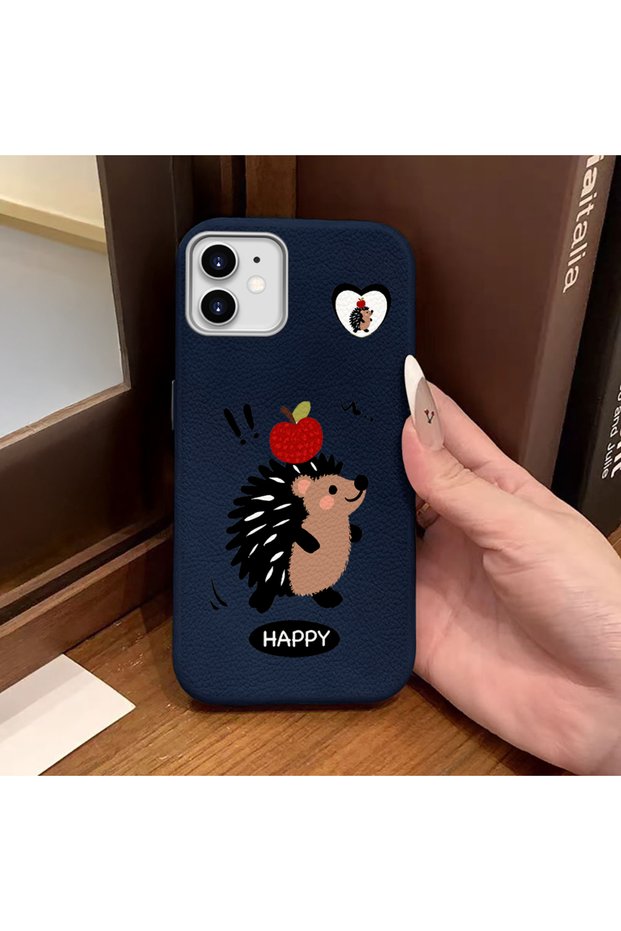 iPhone 12/12 Pro Compatible Blue Leather Textured Silicone Protects Camera Shock-Absorbing Case Hedgehog
