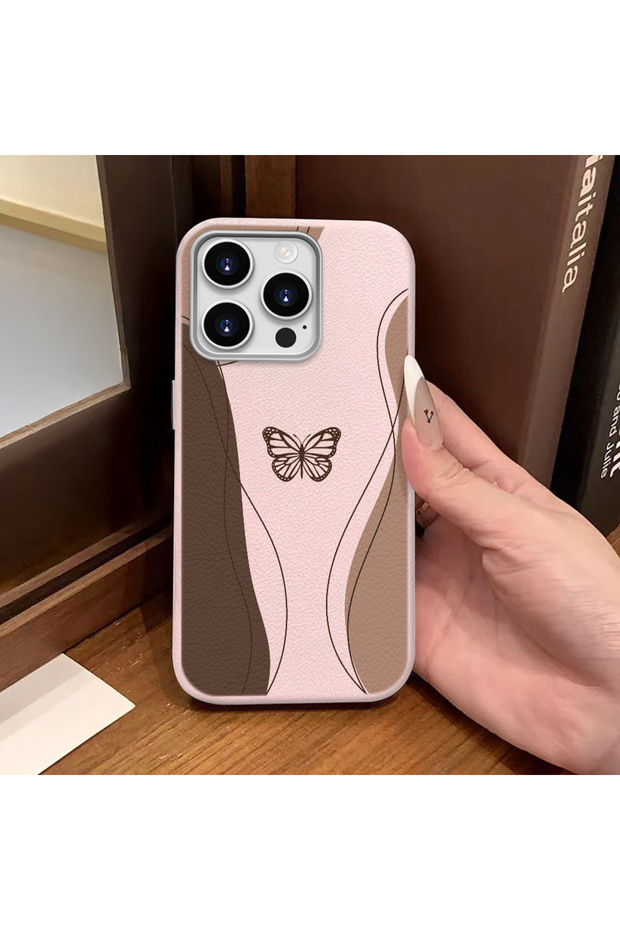 iPhone 14 Pro Compatible Pink Leather Textured Silicone Protects Camera Shock-Absorbing Case Butterfly
