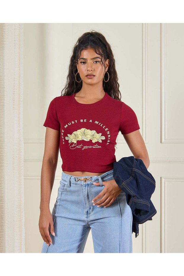 Women Burgundy Printed Casual T-Shirt