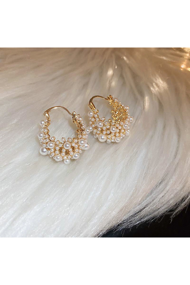 imitation pearl 14k Real Gold Plated Hoop Earrings French Full Hollow Imitation Pearl Earrings For W