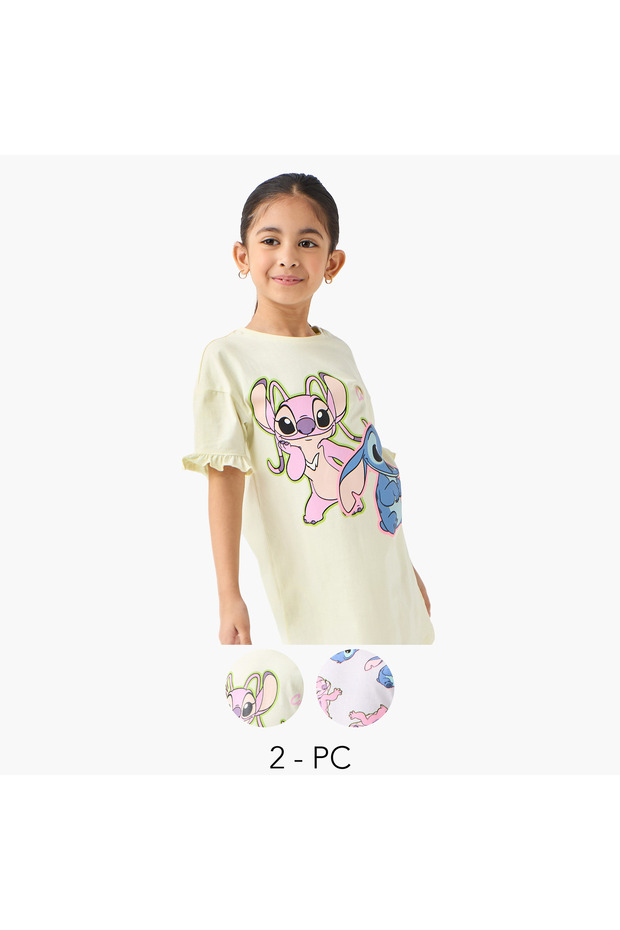 Lilo and Stitch Print Night Dress with Round Neck - Set of 2