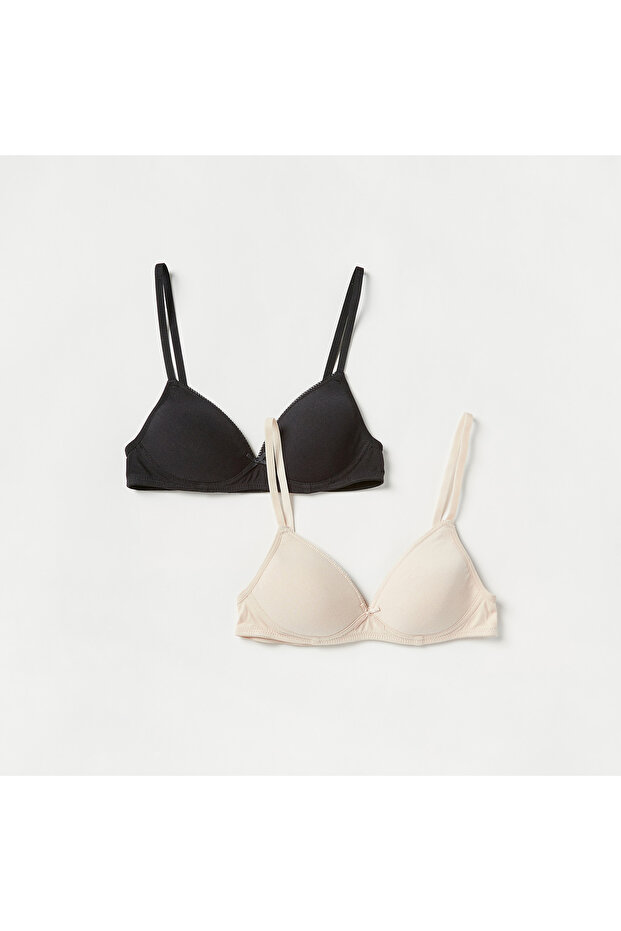 Solid Laced Padded Bra with Hook and Eye Closure - Set of 2