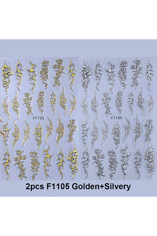 F1105 Gold Silver 2pcs Metallic Chrome Nail Art Stickers Y2K Punk Thorns Flame Totem Designs Gold Si