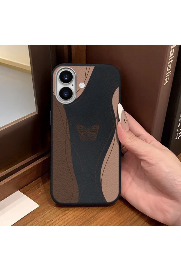 iPhone 16 Compatible Black Leather Textured Silicone Protects Camera Shock-Absorbing Case Butterfly