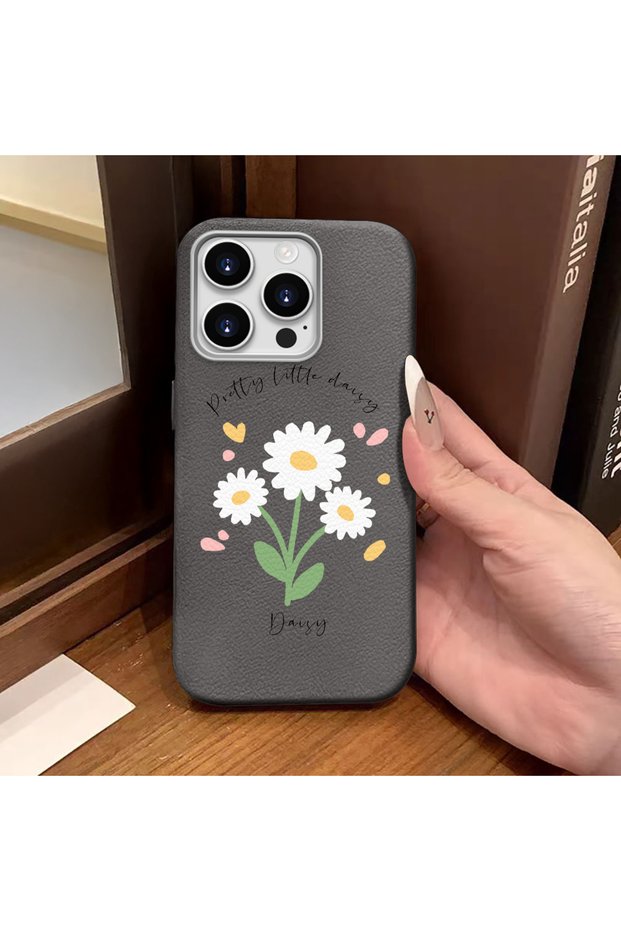 iPhone 16 Pro Compatible Gray Leather Textured Silicone Protects Camera Shock-Absorbing Case Flower