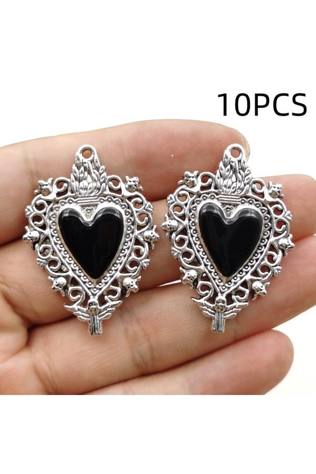 10PCS black 9/10PCS Personalized Retro Zinc Alloy Sacred Heart Drip Oil Pendant Peach Heart Pendant